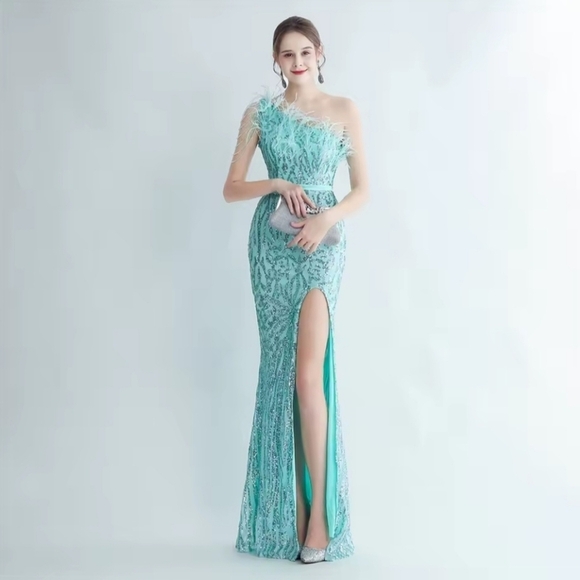 Mint Green, Assymmetrical Feather BeadedNeck, Graphic, Slit Thigh, Sequined Gown - Picture 9 of 11